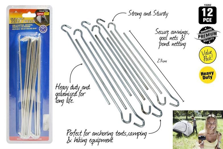 12pc Tent Pegs 23cm Metal Galvanised Camping Tent Pegs Ground Stakes Pins- alt image 0