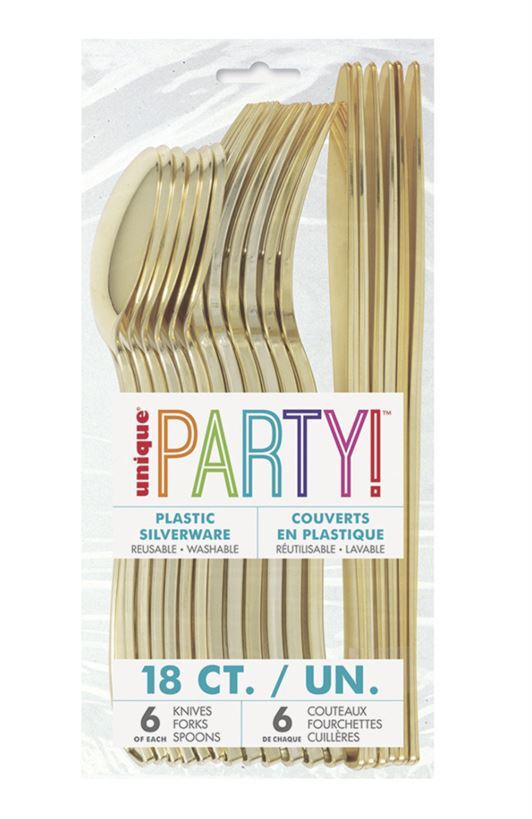 18 Pack Gold Metallic Assorted Cutlery - 6 Knives 6 Forks 6 Spoons- alt image 0
