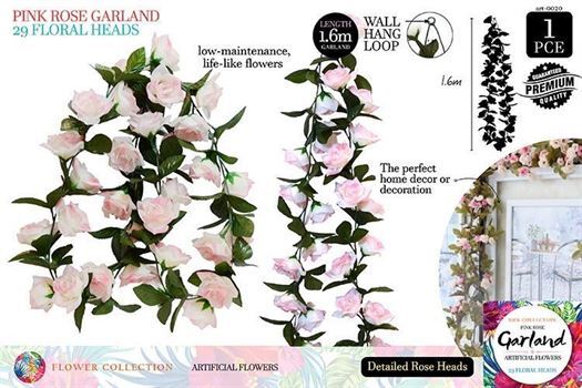 Pink Rose Garland 29 Floral Heads 1.6m- alt image 0