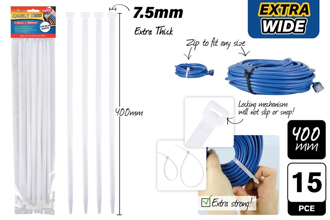 15pc Cable Ties 400mm x 7.6mm White- alt image 0