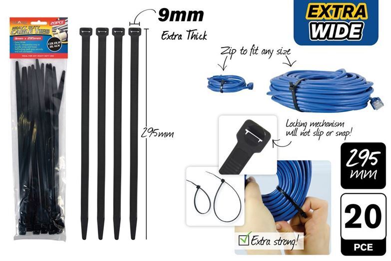 20pc Cable Ties Extra Wide 295mm x 9mm Black- alt image 0