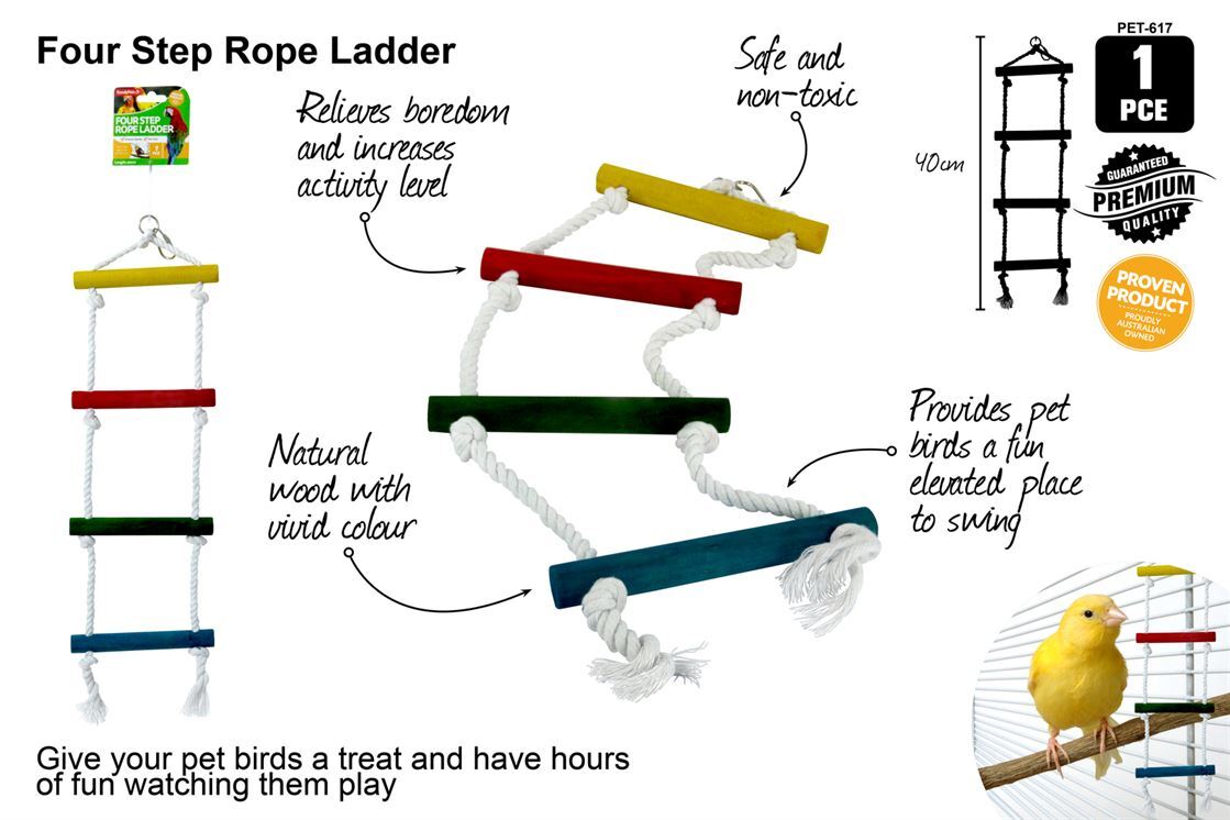 Four Step Level Coloured Wooden Bird Rope Ladder Hanging Toy- alt image 0