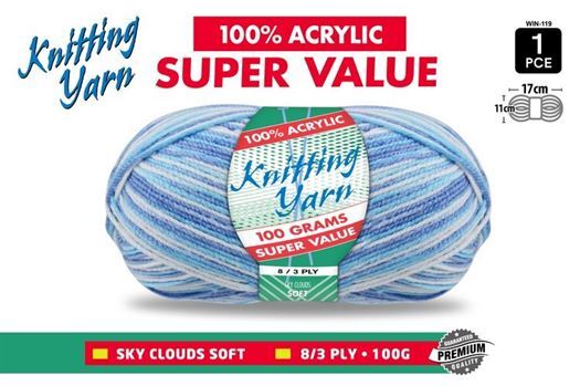 Knitting Yarn 100% Acrylic 8ply 100g Multi Colour Sky Clouds- alt image 0