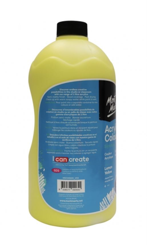 Mont Marte Signature Acrylic Paint Pump Bottle 1L - Lemon Yellow- alt image 1