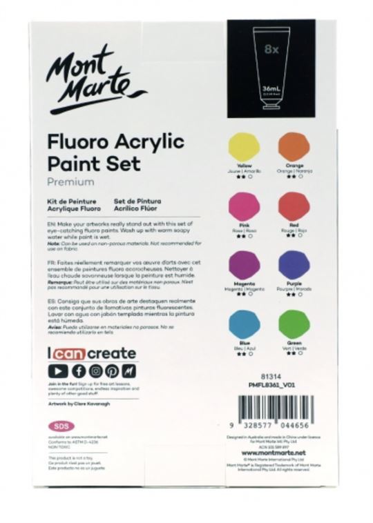 Mont Marte Premium Paint Set - Fluro Acrylic Paint 8pc x 36ml- alt image 1