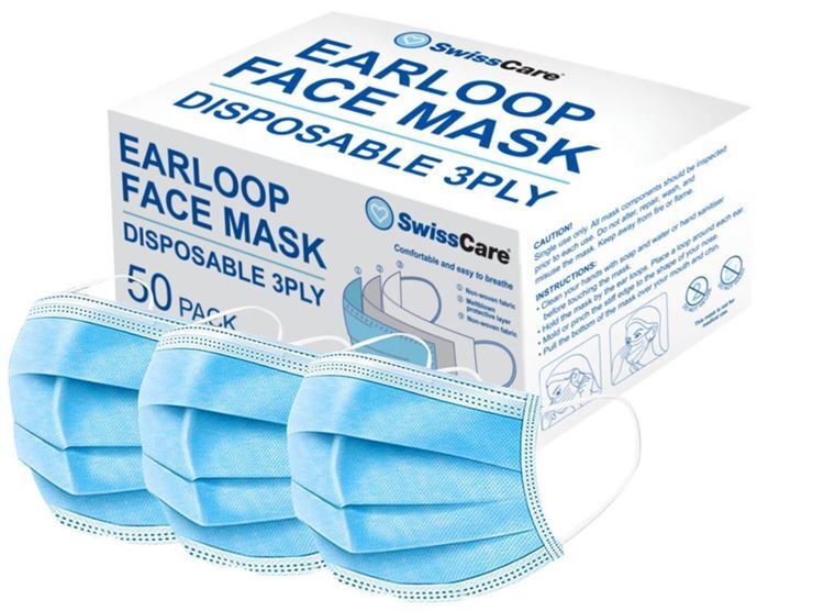 50 Pack SwissCare Disposable Protective 3 Ply Earloop Face Masks- main image