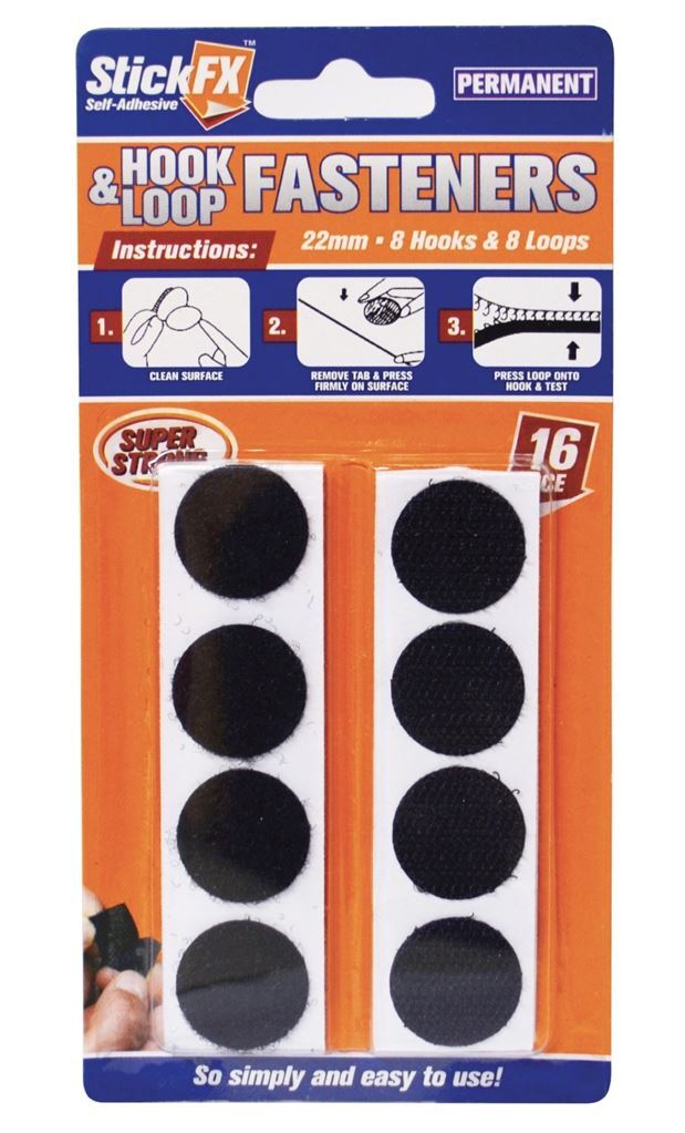 Hook & Loop Fasteners 16pc Velcro Tabs Black 22mm 