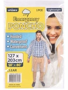 Disposable Unisex Emergency Poncho Hooded Transparent/Clear Adult 127cm x 203cm- main image