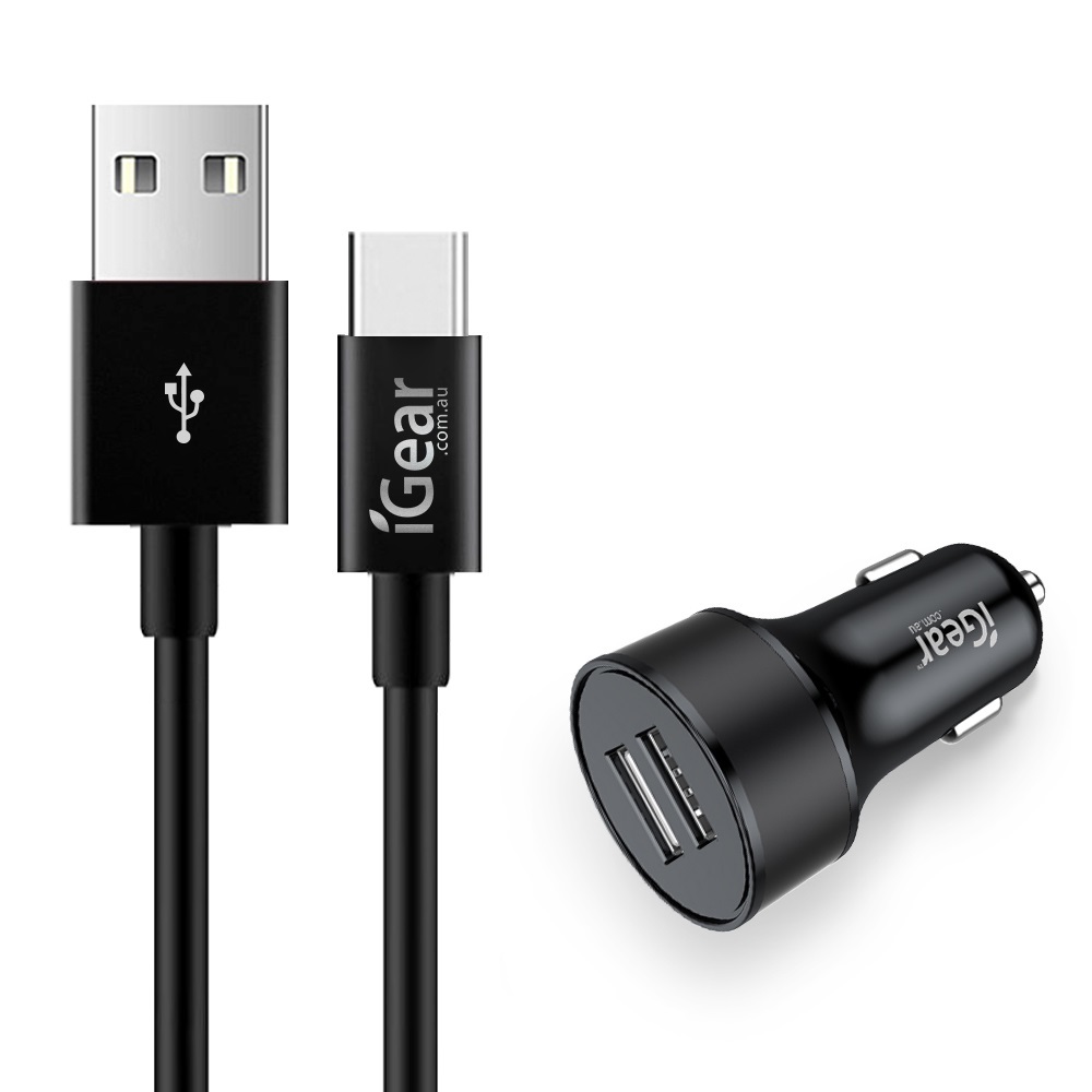 iGear Dual USB Car Charger with Type C USB 2.0 Charging Cable Black