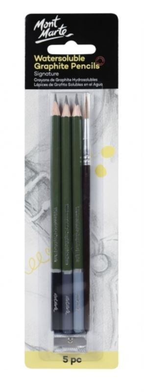 Mont Marte Signature Watersoluble Graphite Pencil Set - 5pc With Brush- main image