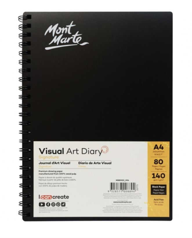 Mont Marte Visual Art Diary Spiral Bound Black Paper A4 140gsm 80 Sheet- main image