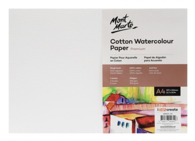 Mont Marte Premium Cotton Watercolour Paper 300gsm A4 5 Sheets- main image