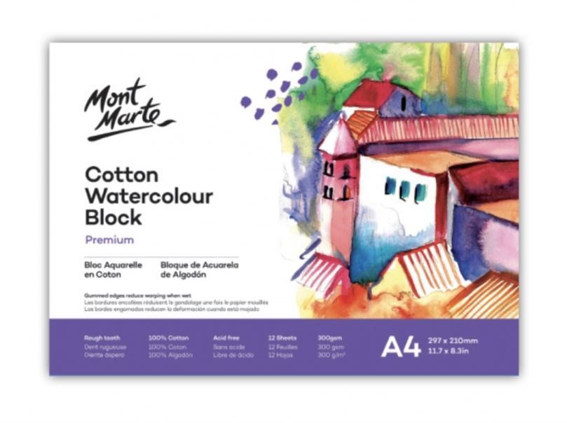 Mont Marte Premium Watercolour Block 100% Cotton Paper A4 300gsm 12 Sheet- main image