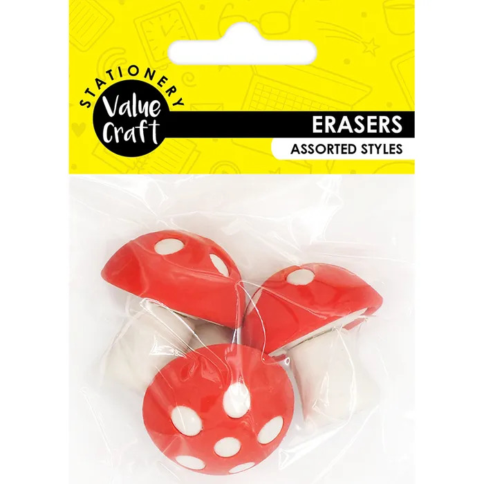 Mini Novelty Mushroom Erasers 3 Pack Cheap Kids Craft Supplies