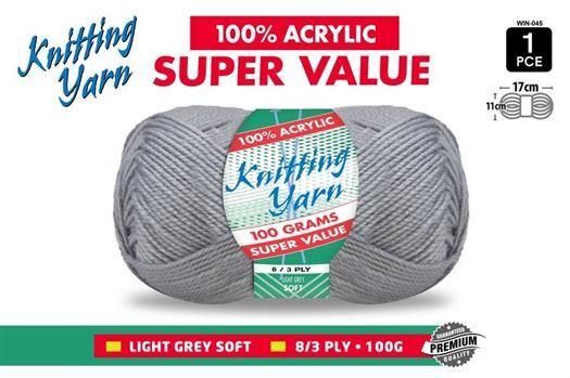 Knitting Yarn 100% Acrylic 8ply 100g Light Grey- main image