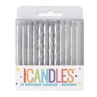 24 Silver & Silver Glitter Assorted Spiral Candles- main image
