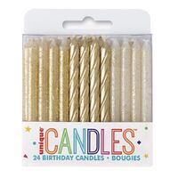 24 Gold & Gold Glitter Assorted Spiral Candles- main image