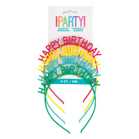 Bright Colourful Happy Birthday Headbands - Assorted Colours - 4 Pack- main image