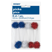 Red, Blue & Silver Pom Pom Picks - 8 Pack- main image