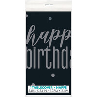 Black And Silver Happy Birthday Printed Tablecover 137cm x 213cm- main image