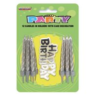 12 Candles In Holders With Cake Decoration  -  Silver- main image