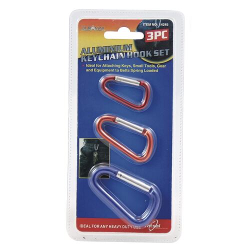 3pc Snap Hook Set Aluminium Carabiner Camping Spring Clip Coloured Assorted Sizes