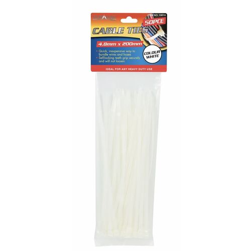 50pcs Cable Ties 4.8x200mm White