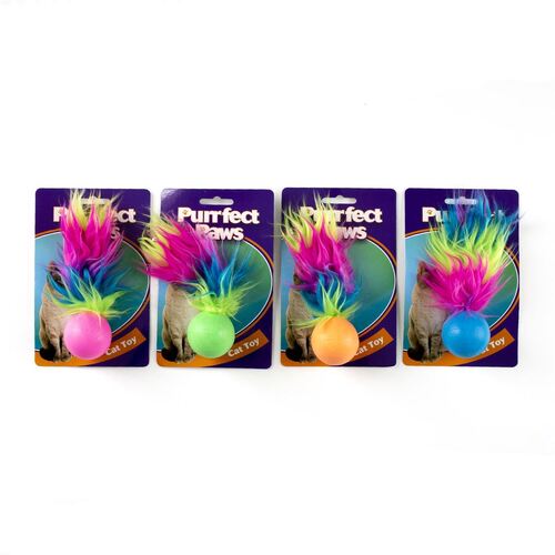 4 x Purrfect Paws Cat Toy Ball with Feather Tail