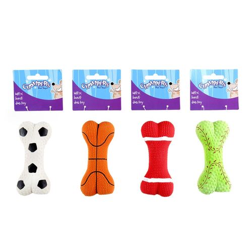 4 x Chompers Dog Toy Latex Bone 13cm 4 Assorted Colours