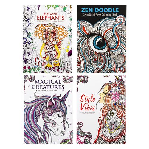 4PK Adult Colouring Books Fun Relaxing Stress-Relief Mindfulness Patterns