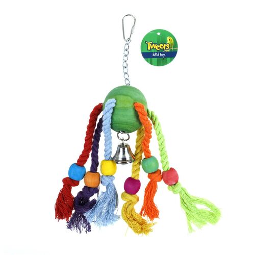 Tweets Bird Toy Hanging Wooden Ball with Rope and Bell 22cm