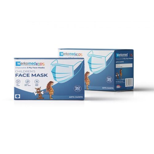Werkomed Kids Blue Disposable 3 Ply Face Masks 50 Pack Latex Free Earloops Level 2