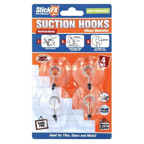 Suction Hooks 4pc Holds 1Kg 4cm Rental Property Safe