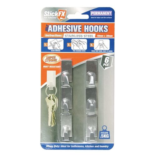 Self Adhesive 6pc Small Rectangle Stainless Steel Hooks 500g