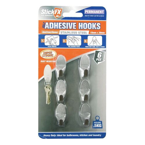 Self Adhesive 6pc Small Oval Stainless Steel Hooks 500g