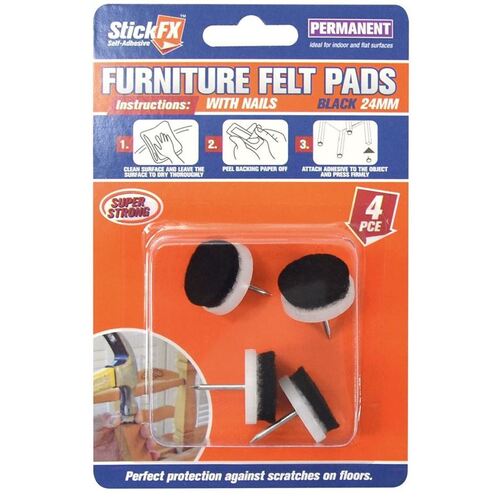 Furniture Nail-In Felt Pads 4pc Black 4x24mm