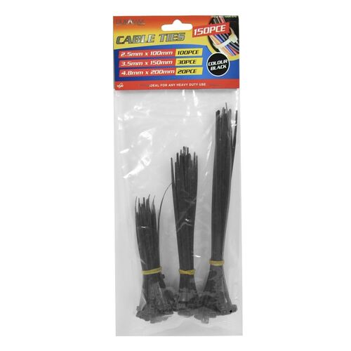150pc Cable Ties Assorted Sizes Black