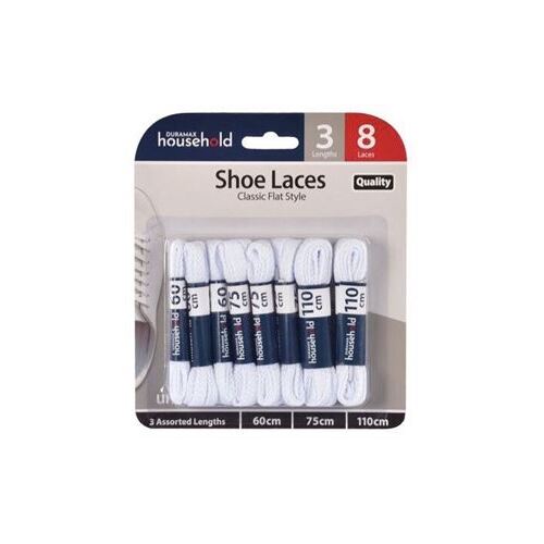 8 x Bootlace Sneaker Shoe Laces Classic Flat Style White 3 Assorted Lengths 3x60cm 3x75cm 2x110cm