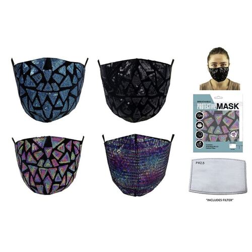 4 x Breathable Reusable Fashion Sequins Protective Fabric Face Mask with PM2.5 Carbon Filter