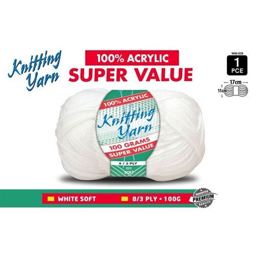 Knitting Yarn 100% Acrylic 8ply 100g White