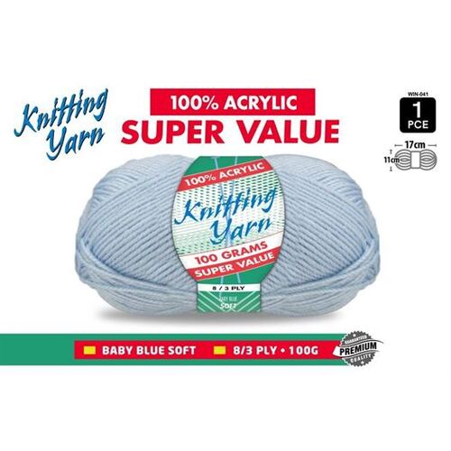 Knitting Yarn 100% Acrylic 8ply 100g Baby Grey