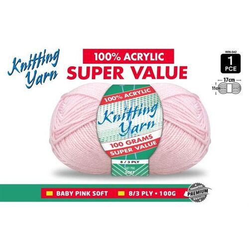 Knitting Yarn 100% Acrylic 8ply 100g Baby Pink