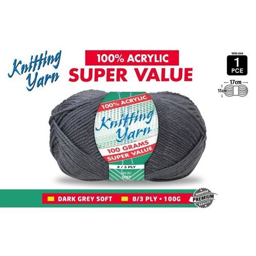 Knitting Yarn 100% Acrylic 8ply 100g Dark Grey