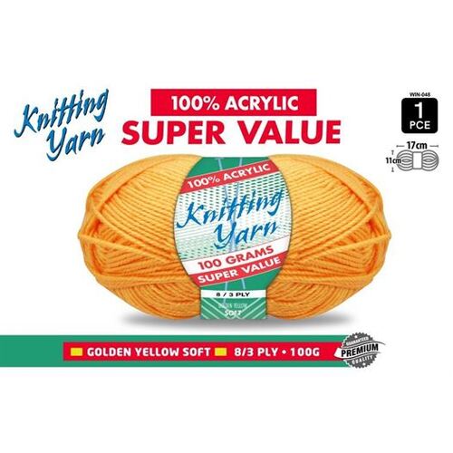 Knitting Yarn 100% Acrylic 8ply 100g Golden Yellow