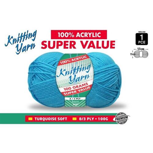 Knitting Yarn 100% Acrylic 8ply 100g Turquoise