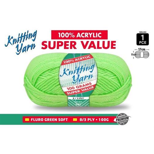 Knitting Yarn 100% Acrylic 8ply 100g Fluro Green
