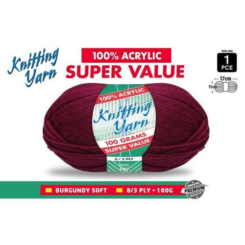 Knitting Yarn 100% Acrylic 8ply 100g Burgundy