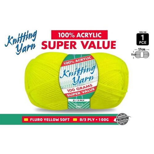 Knitting Yarn 100% Acrylic 8ply 100g Fluro Yellow