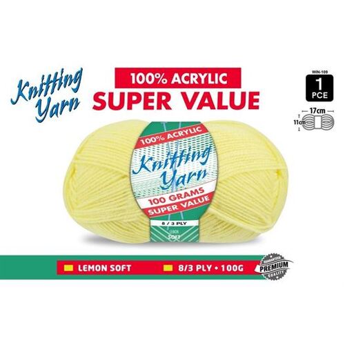 Knitting Yarn 100% Acrylic 8ply 100g Lemon