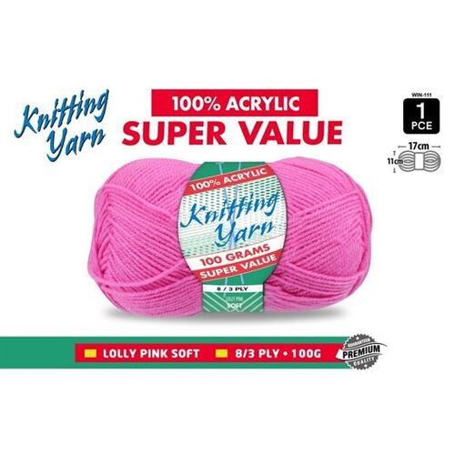 Knitting Yarn 100% Acrylic 8ply 100g Lolly Pink
